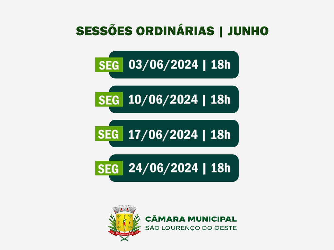 Confira as datas das sessões ordinárias do mês de junho 